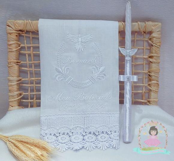 Toalha Batizado Linho Espírito Santo + Vela