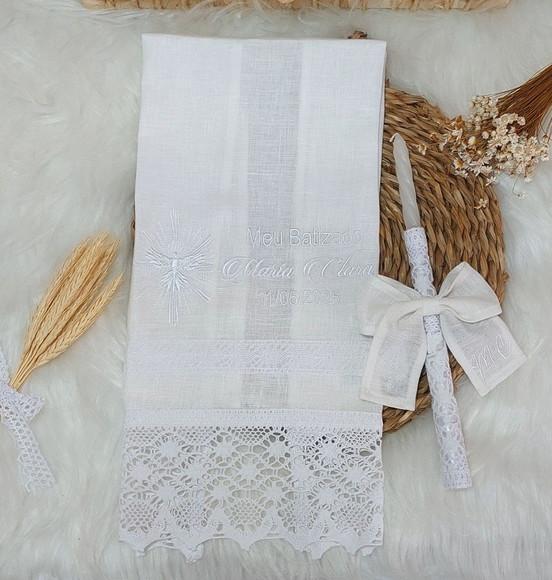 Toalha Batizado Linho Espírito Santo Delicado + Vela