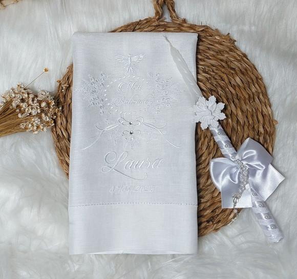 Toalha Batizado Linho Floral Delicado + Vela