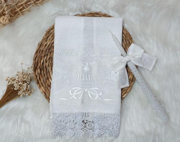 Toalha Batizado Linho Floral e Pomba + Vela