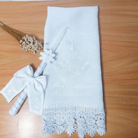Toalha Batizado Linho Luxo Pomba Ramos + Vela Bordada