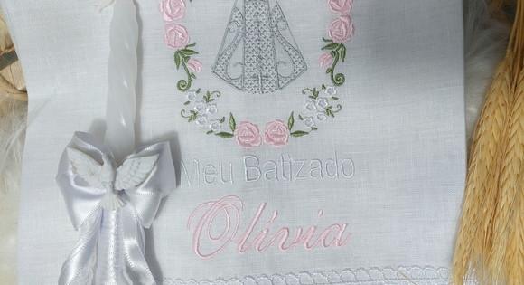 Toalha Batizado Linho Nossa Senhora Delicado + Vela