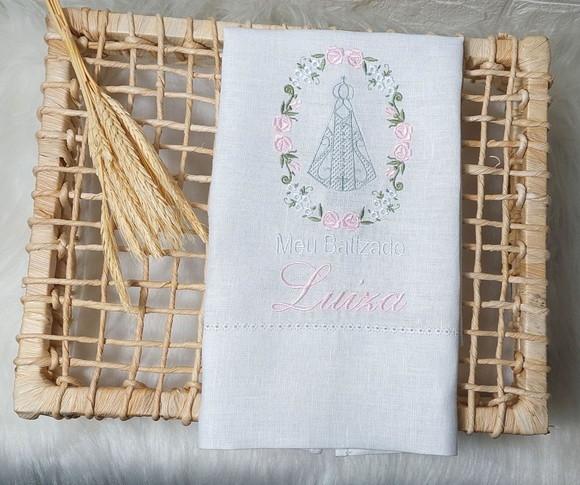Toalha Linho Batizado Nossa Senhora Bordada