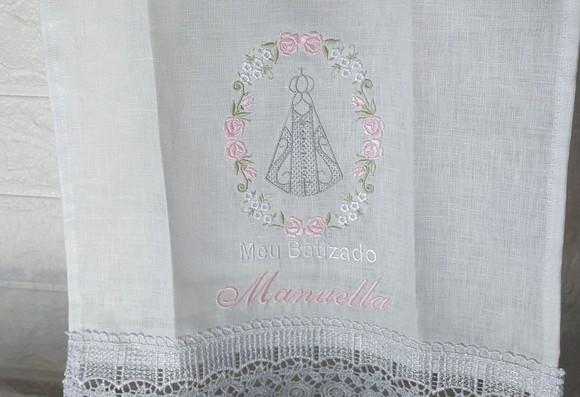Toalha Linho Batizado Nossa Senhora Bordada