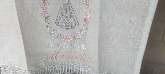 Toalha Linho Batizado Nossa Senhora Bordada