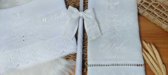 Kit Batizado: Toalha em Linho, Fralda e Vela Personalizada