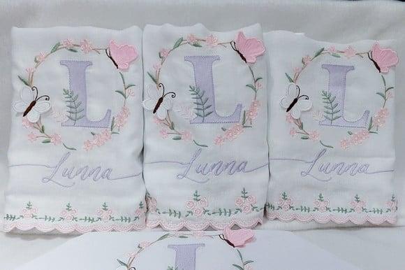 Kit Cueiro 400 Fios e Fraldas Barra Bordada Floral Delicado