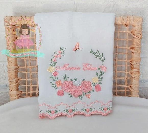 Kit Cueiro 400 Fios e Fraldas Barra Bordada Floral Rosé
