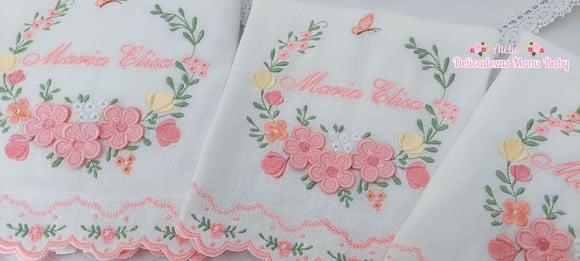 Kit Cueiro 400 Fios e Fraldas Barra Bordada Floral Rosé