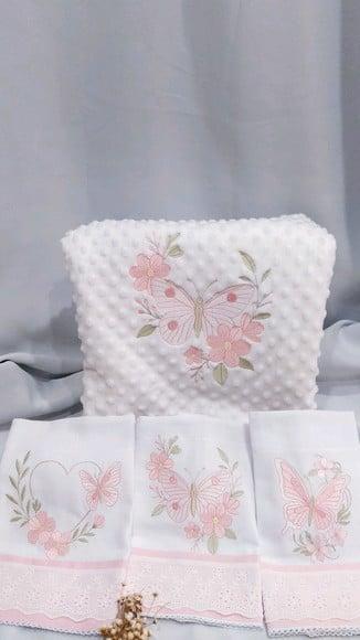 Kit Fraldas e Manta/ Cobertor Bordada para Bebês Floral