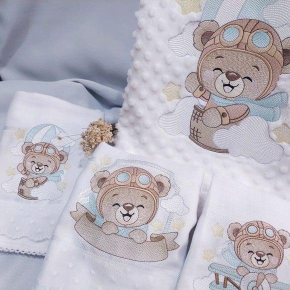 Kit Manta Cobertor Soft para Bebês Ursinho Aviador Luxo