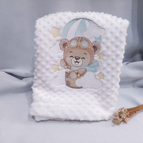 Kit Manta Cobertor Soft para Bebês Ursinho Aviador Luxo