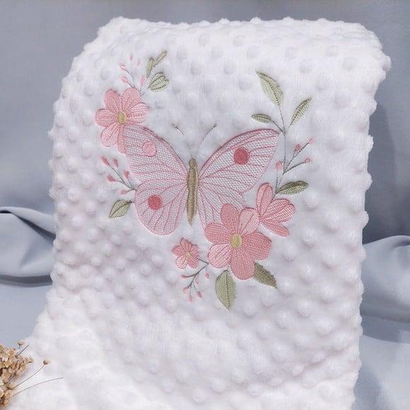 Manta/ Cobertor Soft Bordada para Bebês Borboleta Floral