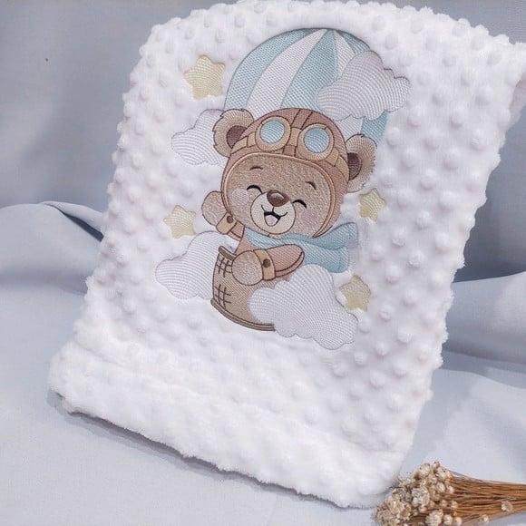 Manta/ Cobertor Soft Bordada para Bebês Urso Aviador