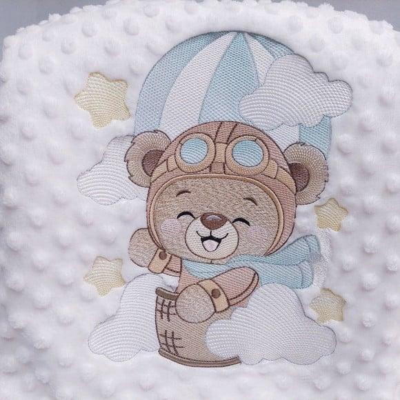 Manta/ Cobertor Soft Bordada para Bebês Urso Aviador