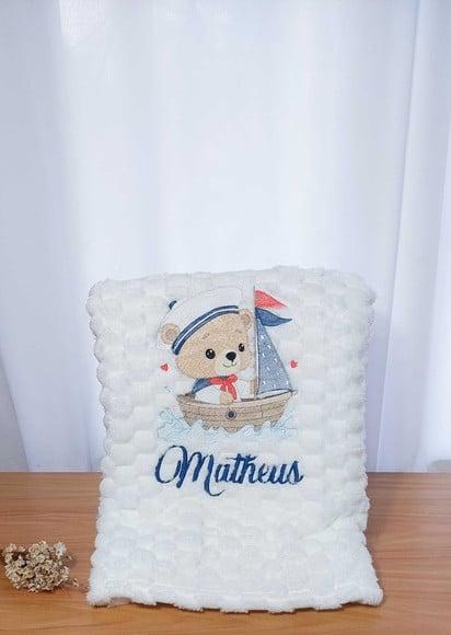 Manta/ Cobertor Soft Bordada para Bebês Urso Marinheiro