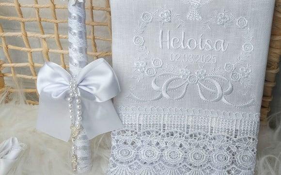 Toalha Batizado Linho Delicado Floral + Vela