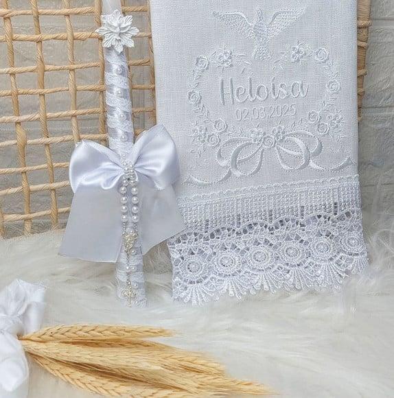 Toalha Batizado Linho Delicado Floral + Vela