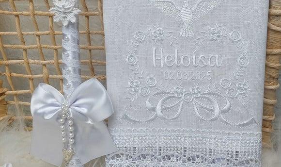 Toalha Batizado Linho Delicado Floral + Vela