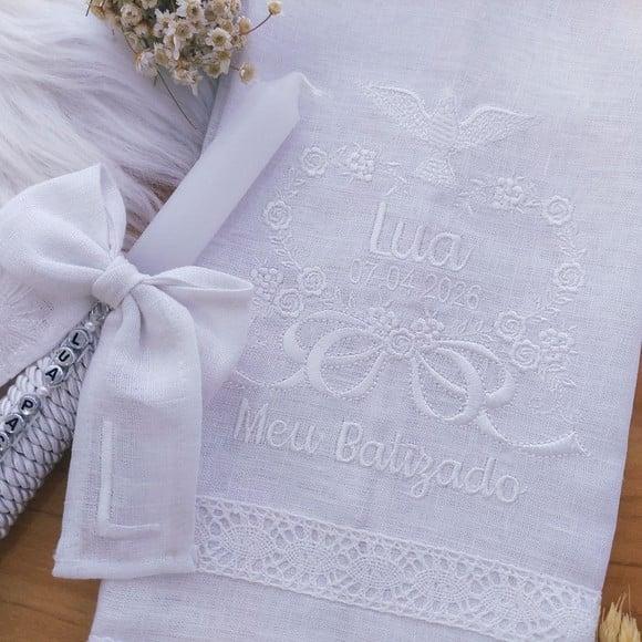 Toalha Batizado Linho Luxo + Vela