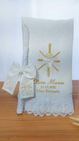 Toalha Batizado Linho Luxo + Vela