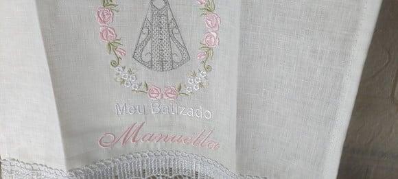 Toalha Linho Batizado Nossa Senhora Bordada