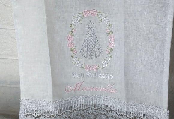Toalha Linho Batizado Nossa Senhora Bordada