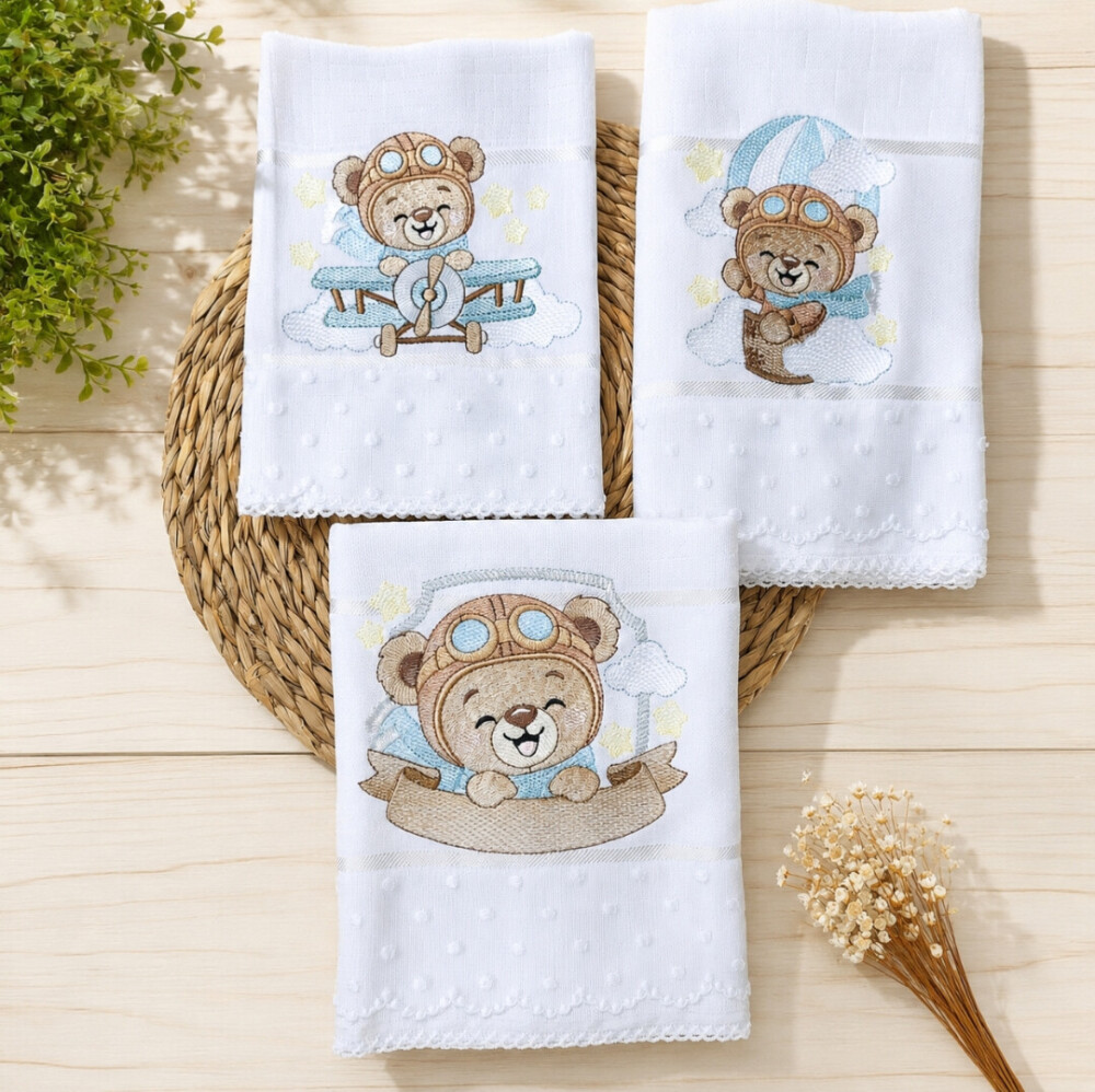 Kit Fralda De Boca Ombro Passeio Bebê Menino Urso Aviador Person