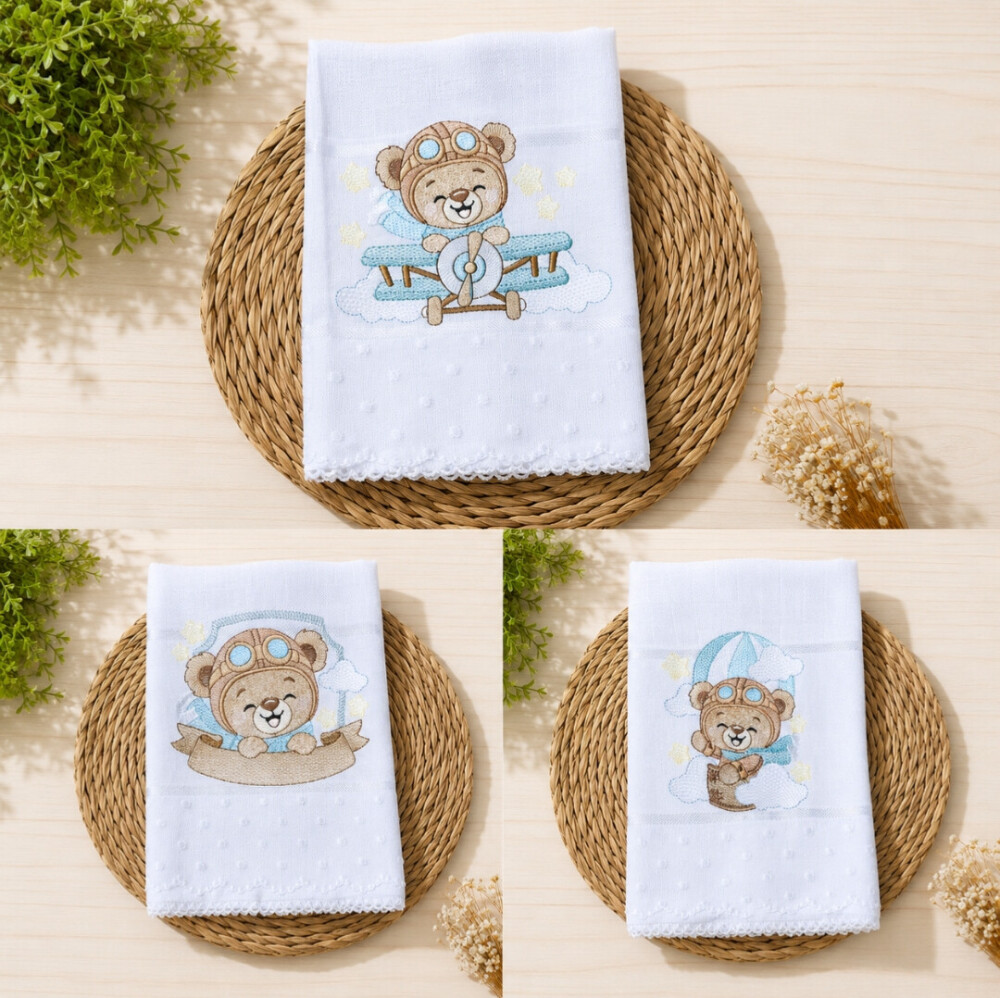 Kit Fralda De Boca Ombro Passeio Bebê Menino Urso Aviador Person