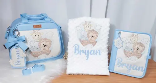 Kit Bolsa Passeio m Mantinha Baby, Porta Documentos Safari