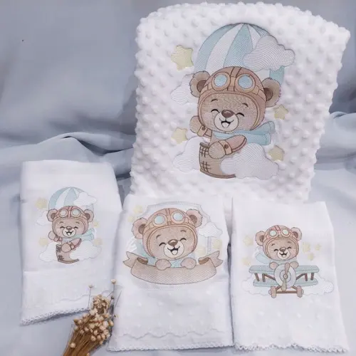 Kit Manta Cobertor Soft para Bebês Ursinho Aviador Luxo