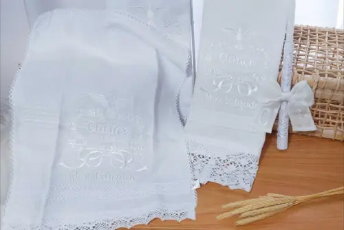 Kit Toalha Batizado Linho Fralda e Vela