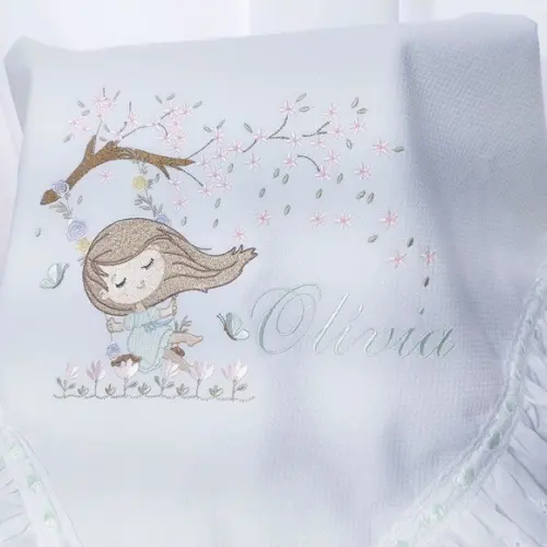Manta Piquet Luxo com Bordado Inglês Bebê Floral Boneca