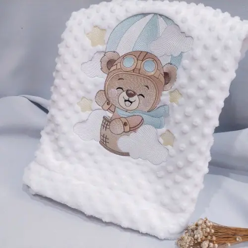 Manta/ Cobertor Soft Bordada para Bebês Urso Aviador