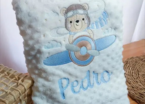 Manta/ Cobertor Soft Bordada para Bebês Urso Aviador