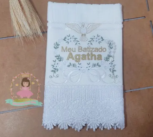 Toalha Batizado Floral Espírito Santo Bordado Dourado