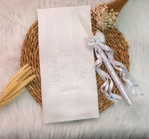 Toalha Batizado Linho Espírito Santo Ramos Delicado + Vela