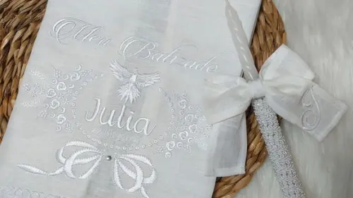 Toalha Batizado Linho Floral e Pomba + Vela