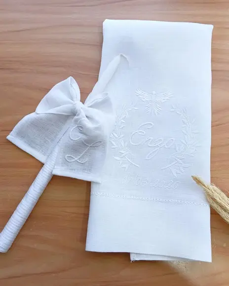 Toalha Batizado Linho Luxo + Vela