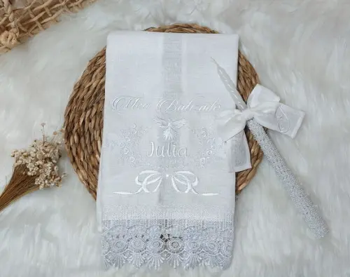 Toalha Batizado Linho Floral e Pomba + Vela