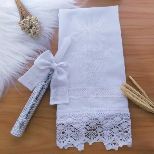 Toalha Batizado Linho Luxo + Vela