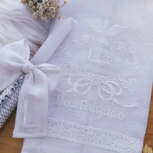 Toalha Batizado Linho Luxo + Vela
