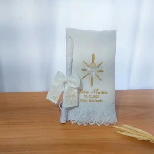 Toalha Batizado Linho Luxo + Vela