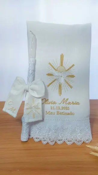 Toalha Batizado Linho Luxo + Vela