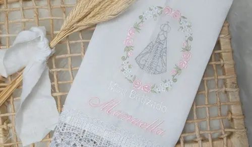 Toalha Linho Batizado Nossa Senhora Bordada
