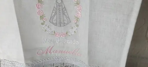Toalha Linho Batizado Nossa Senhora Bordada