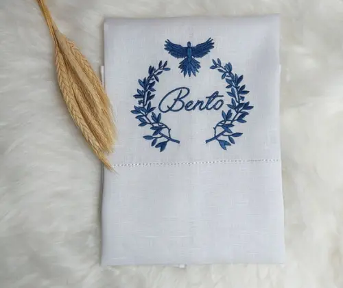 Toalha Linho Batizado Ramos Espírito Santo Azul Bordado