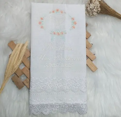 Toalha Linho Delicado Batizado Bordado