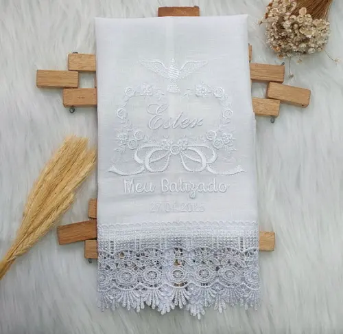 Toalha Linho Delicado Batizado Bordado