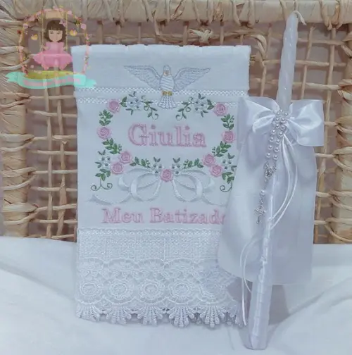 Toalha para Batizado Floral + Vela Personalizada